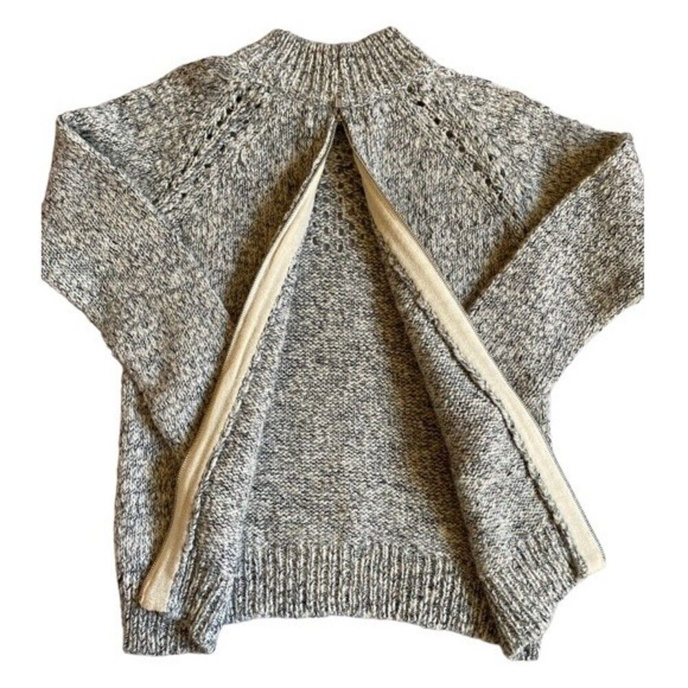 Open Knit Back Zip Sweater Size S Grey Acrylic Wool Alpaca Mohair Mock Neck